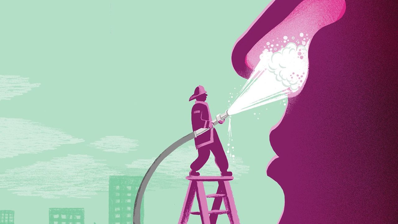 Desenho de bombeiro aplicando um spray em nariz