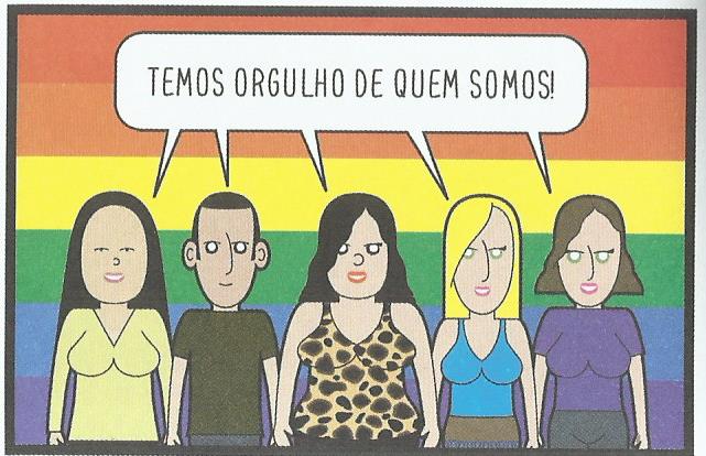 ilustração de várias pessoas na frente da bandeira do orgulho lgbt