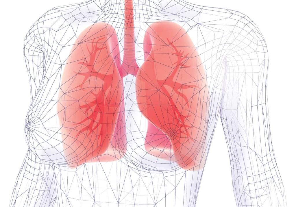 Desenho de pulmões azuis com ponto de exclamação no meio