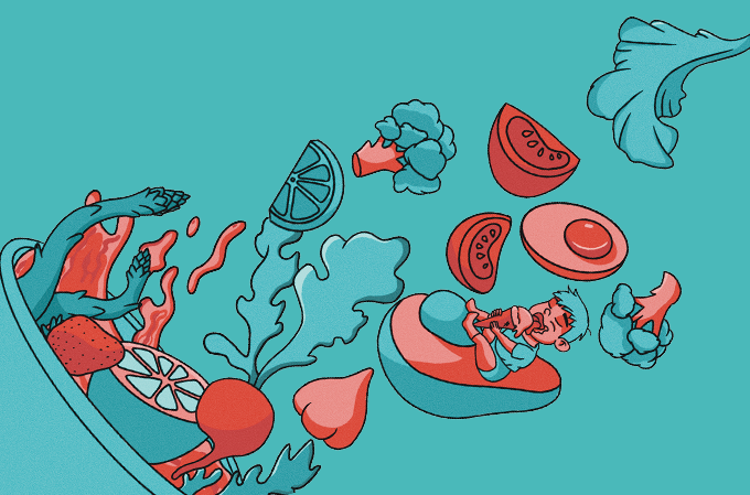 ilustração de frutas e verduras com criança tomando sorvete no meio