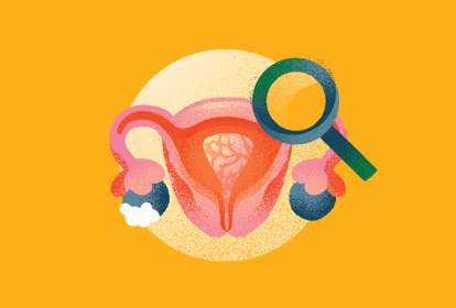 ilustração de lupa sobre ovário e aparelho reprodutor feminino