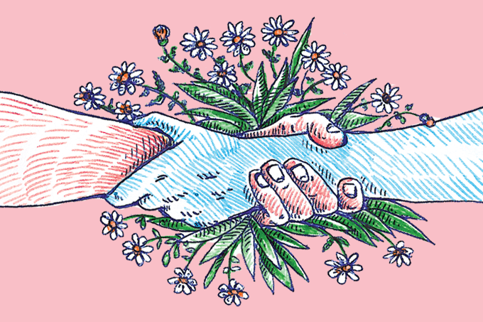 ilustração de mãos se juntando e apoiando com flores em volta