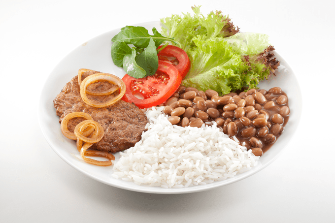 foto de prato com arroz, feijão, bife e salada