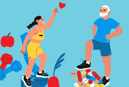 ilustração de mulher e homem em meio a remédios e alimentos