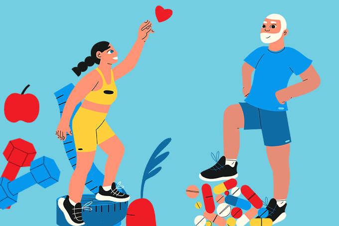 ilustração de mulher e homem em meio a remédios e alimentos