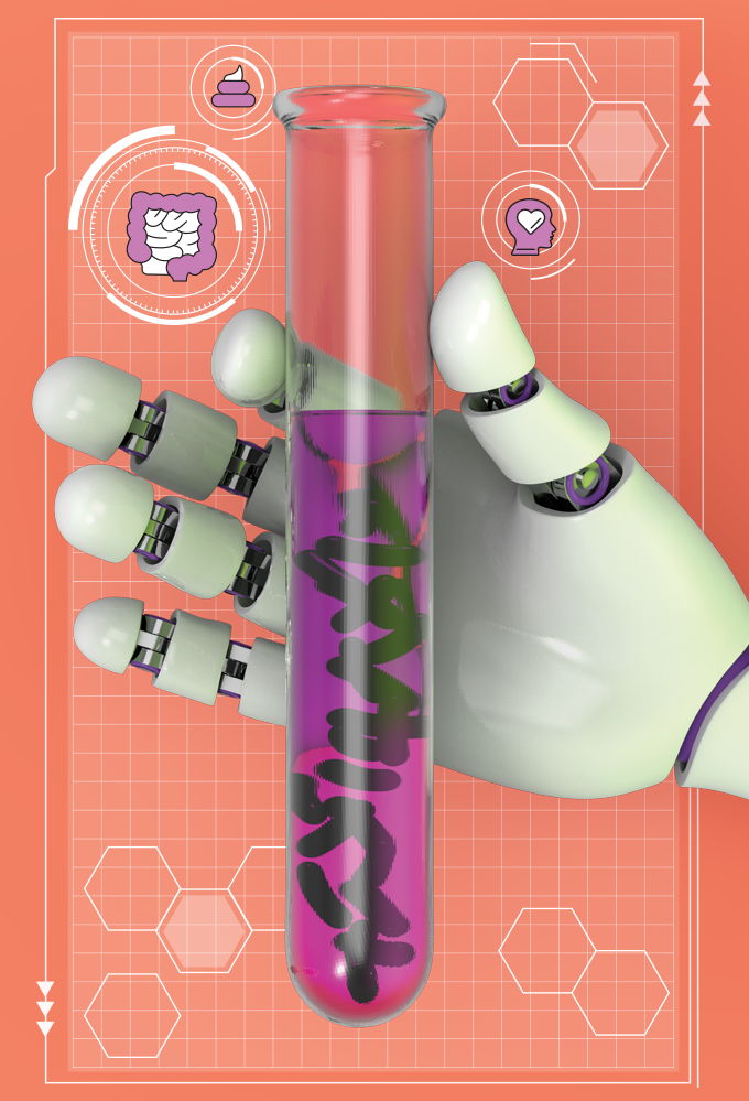 486_materia_saude-era-digital_microbiota-mente ilustração de mão robótica com frasco contendo micro-organismos