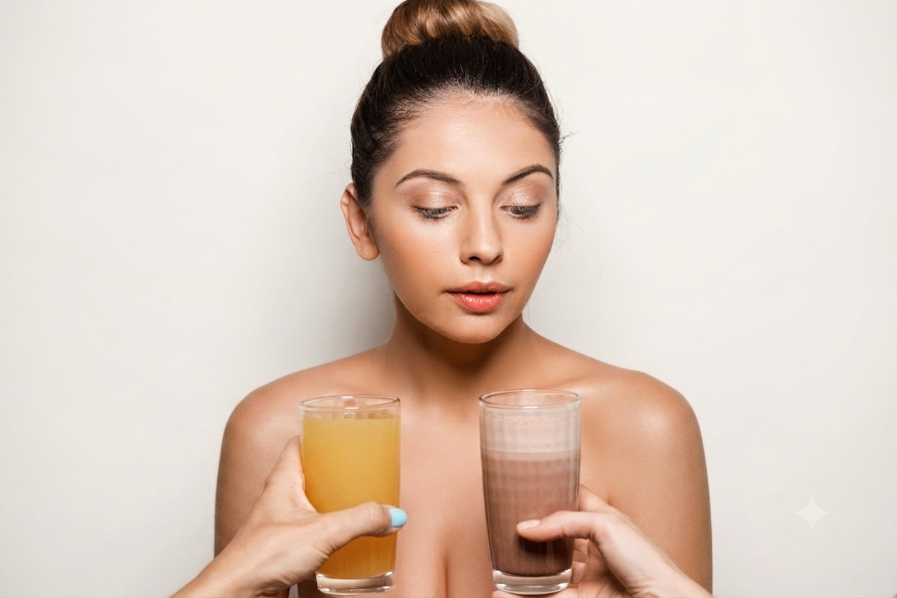 Mulher de cabelo preso em coque, sem blusa, olhando para baixo com expressão pensativa. Duas mãos seguram copos: um com suco de laranja e outro com achocolatado, oferecendo-os a ela