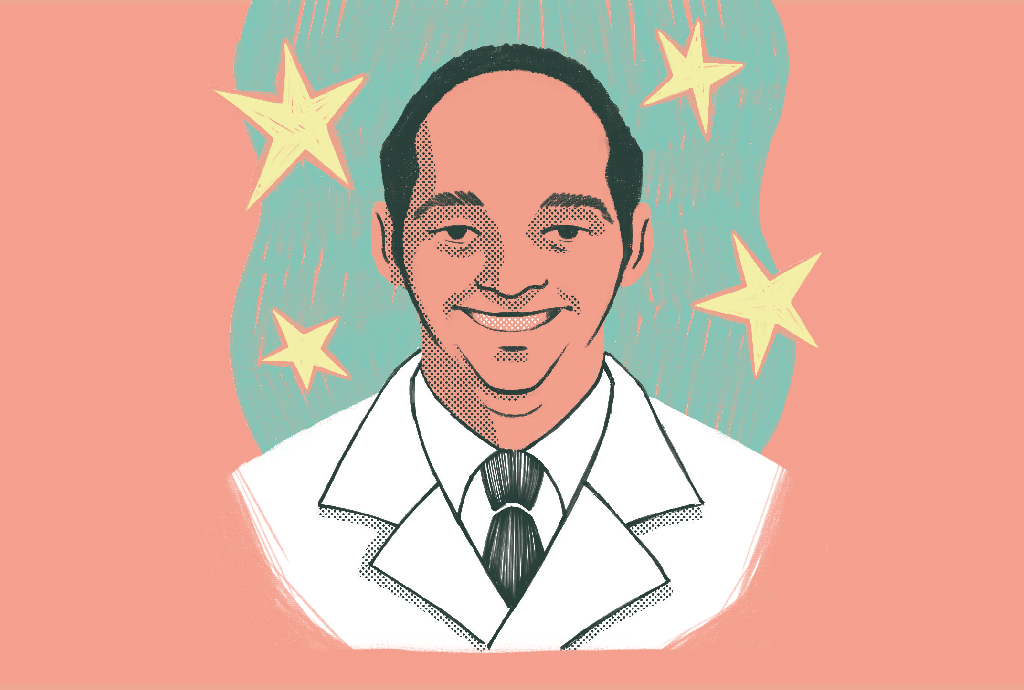Ilustração de um homem de pele clara, calvo, sorrindo, vestindo jaleco branco e gravata preta, com fundo rosa e azul-claro, e quatro estrelas amarelas ao redor