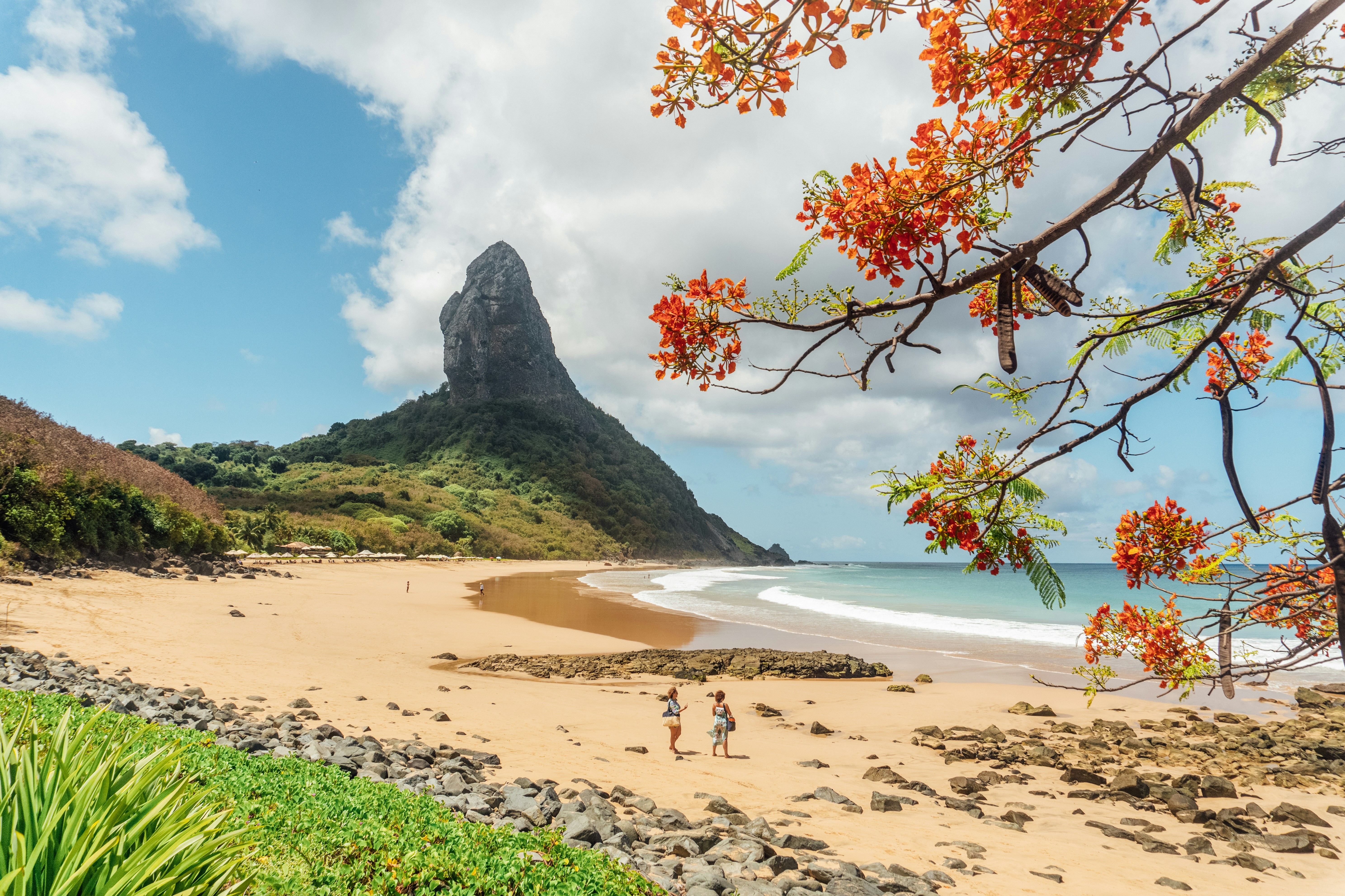 Praia do Sancho em Fernando de Noronha, com o Morro Dois Irmãos ao fundo. Duas pessoas caminham na areia clara, enquanto ondas quebram na costa. Galhos de árvore com flores alaranjadas em primeiro plano, céu azul com nuvens esparsas