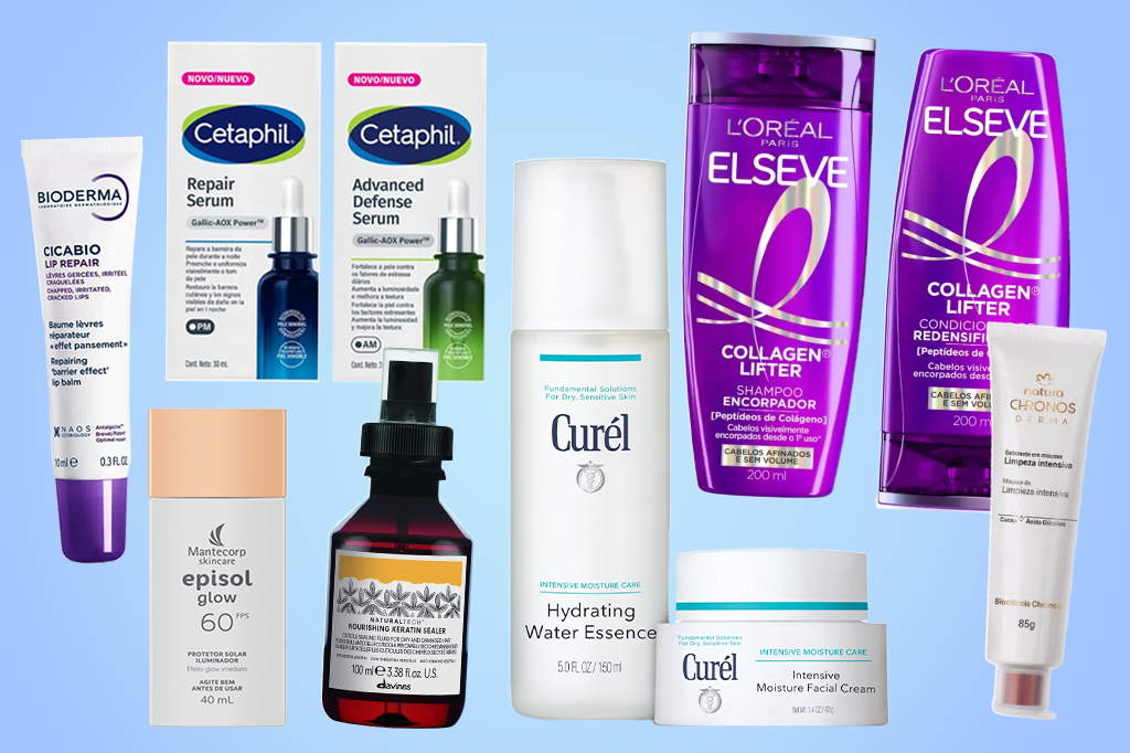 Diversos produtos de beleza e cuidados pessoais, incluindo séruns faciais Cetaphil, protetor solar Mantecorp, shampoo e condicionador LOréal Elseve, hidratantes Curél, reparador labial Bioderma, selador de queratina Davines e mousse de limpeza Natura Chronos